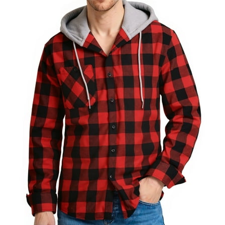 Geeksport Hooded Flannel Shirts for Men Casual Button Down Plaid Shirt Jackets for Men Long Sleeve Hoodie with Pocket