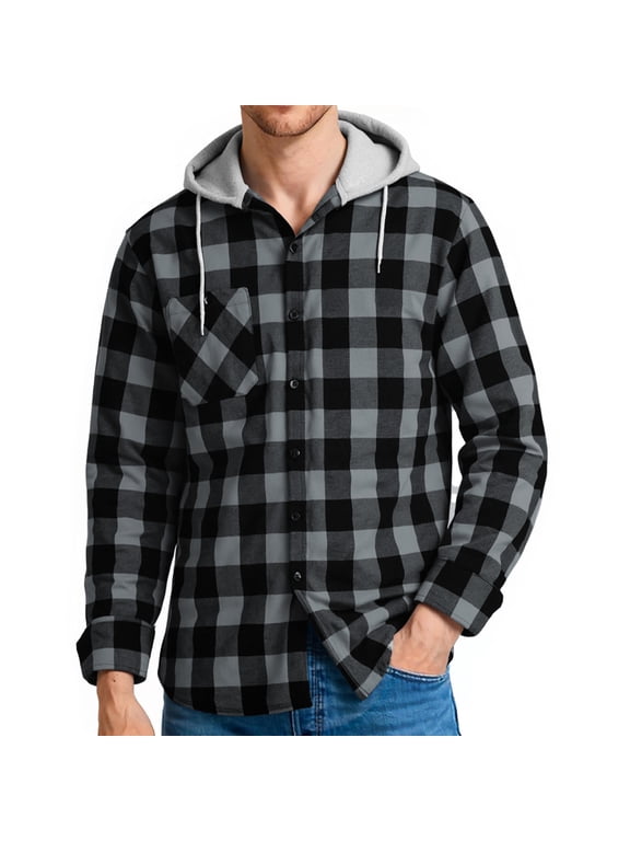 Hooded Plaid Shirts for Men Casual Button Down Flannel Jackets for Men Long Sleeve Hoodie with Pocket