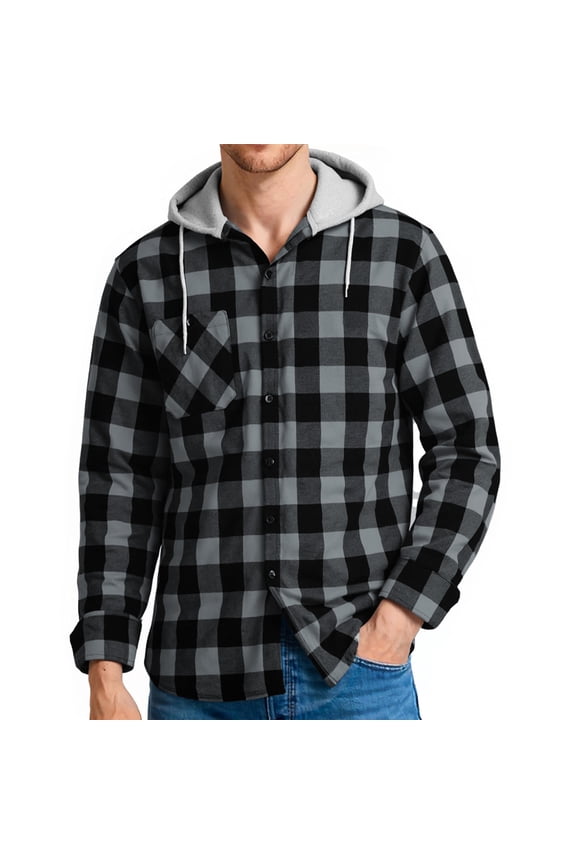 Hooded Plaid Shirts for Men Casual Button Down Flannel Jackets for Men Long Sleeve Hoodie with Pocket