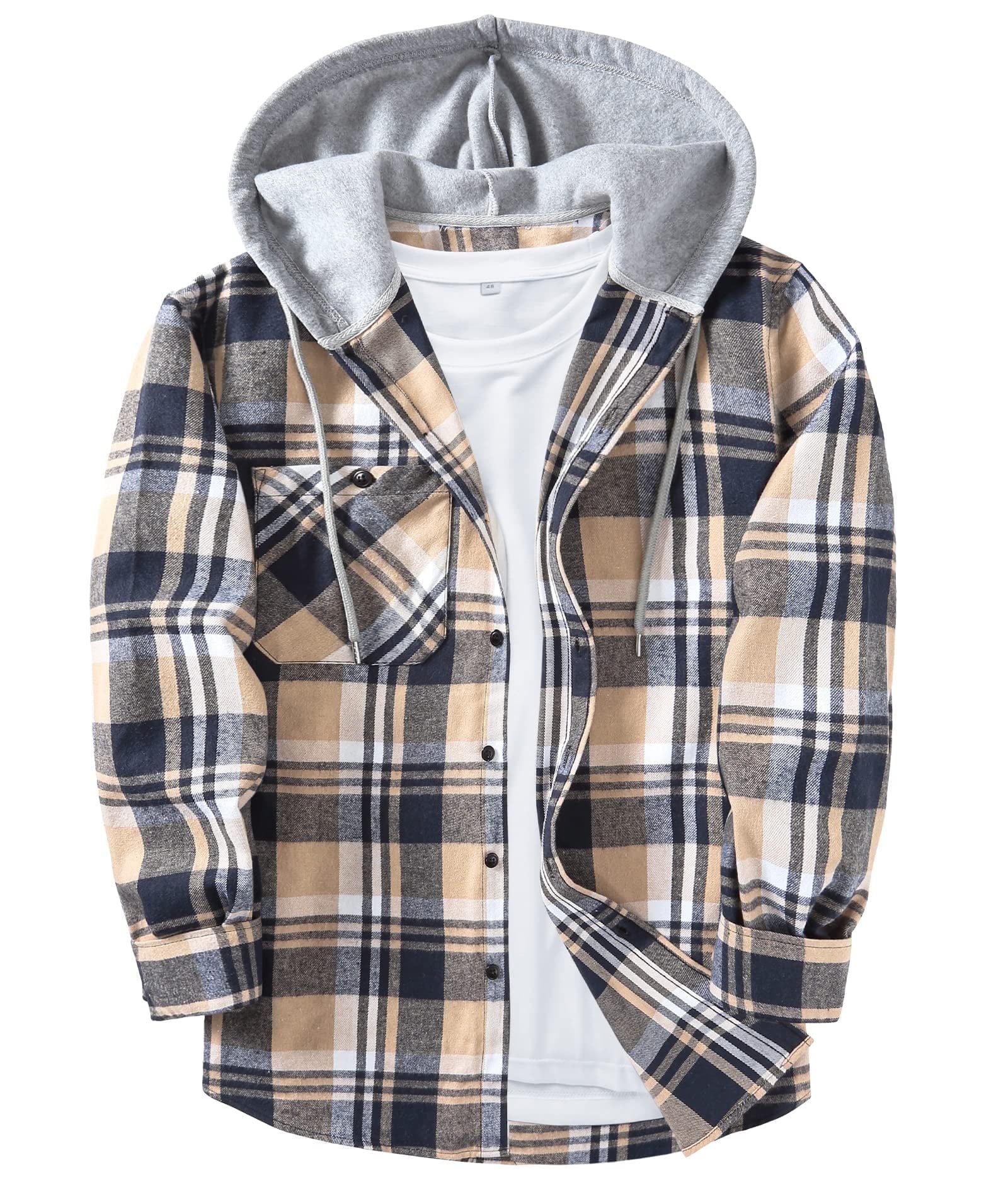 SCODI Men's Lightweight Flannel Hoodie, Long-Sleeve Casual Button-Down ...