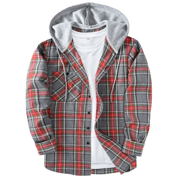 Geeksport Mens Flannel Hoodie Shirts Casual Button Down Plaid Shirt Jackets for Men Long Sleeve Hooded with Pocket