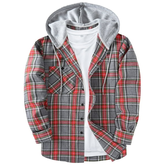 Geeksport Mens Flannel Hoodie Shirts Casual Button Down Plaid Shirt Jackets for Men Long Sleeve Hooded with Pocket