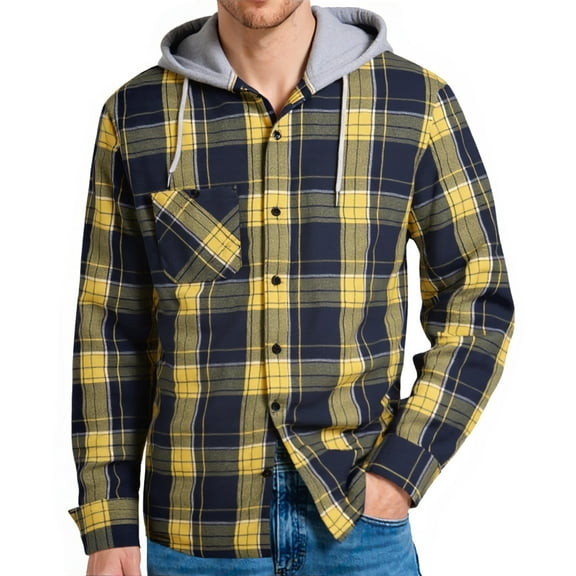 Geeksport Mens Flannel Hoodie Shirts Casual Button Down Plaid Shirt Jackets for Men Long Sleeve Hooded with Pocket