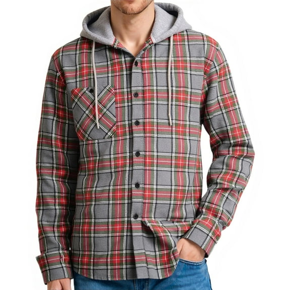 Geeksport Mens Flannel Hoodie Shirts Casual Button Down Plaid Shirt Jackets for Men Long Sleeve Hooded with Pocket