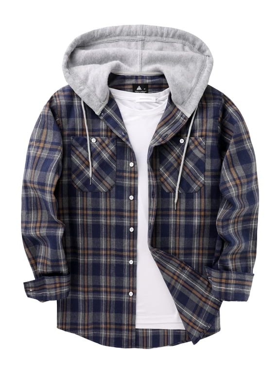 Mens Flannel Hoodie Shirts Long Sleeve Fashion Plaid Jackets Button Down Shirts