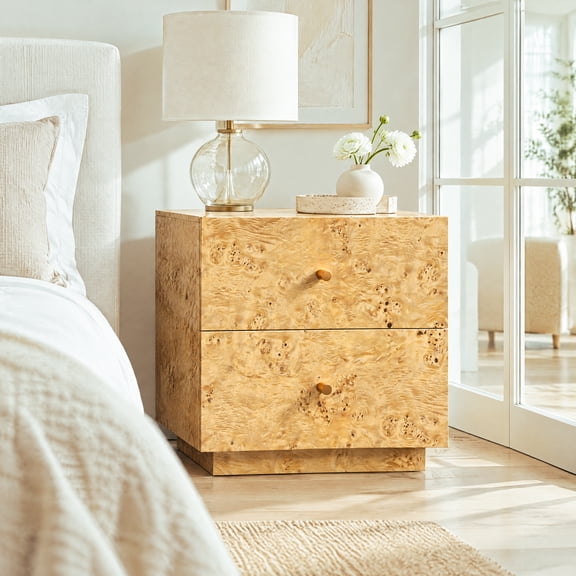 Scohul 2-Drawer Nightstand, Natural Burl Wood Finish Bedside End Table, Modern Bedroom Storage - Natural