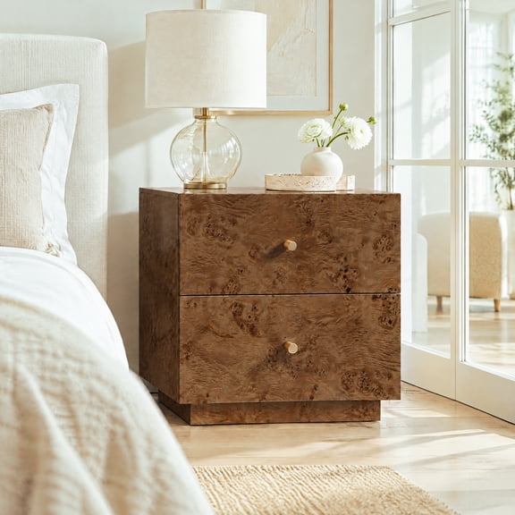 Scohul 2-Drawer Nightstand, Walnut Burl Wood Finish Bedside End Table, Modern Bedroom Storage - Walnut