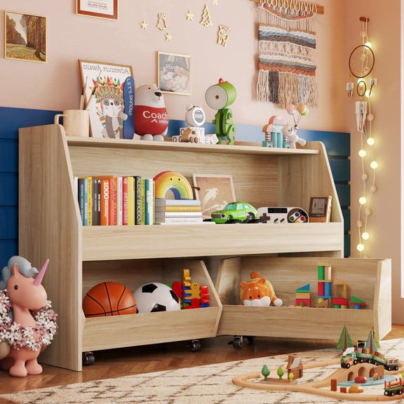 Scohul 2-Tier Toy Storage Organizer with Rolling Bins,Montessori Bookcase for Toddlers,Natural Anti-Tip Storage Cabinet