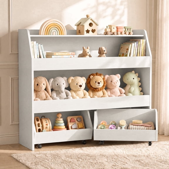 Scohul 3-Tier Kids Toy Storage Organizer, Montessori Toddler Bookshelf with Rolling Bins for Playroom & Nursery, White