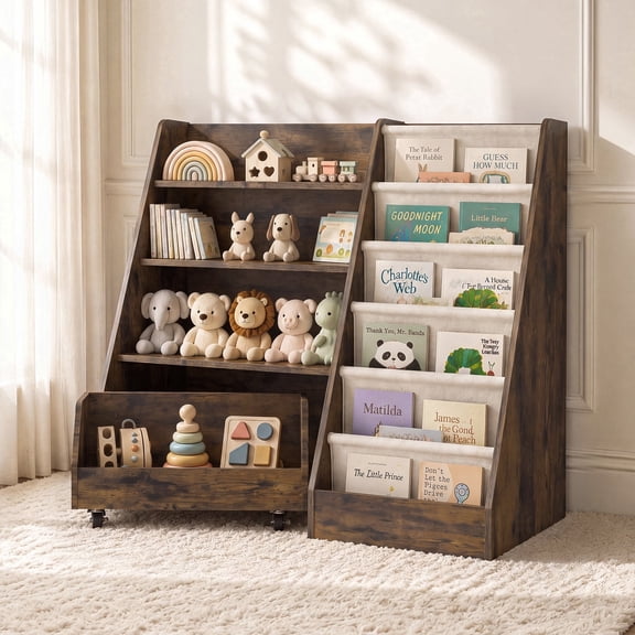 Scohul 3-in-1 Kids Bookshelf and Toy Storage Organizer, Montessori Toddler Bookcase with Rolling Bin for Playroom and Nursery, Rustic Brown