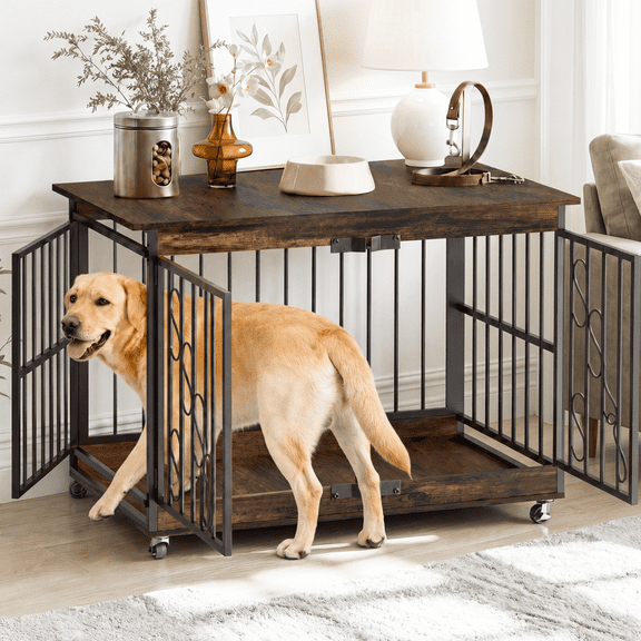 Scohul 48" Dog Crate Furniture for Large Dogs, Wooden TV Stand Indoor Dog Kennel with 3 Doors & Wheels, Rustic Brown