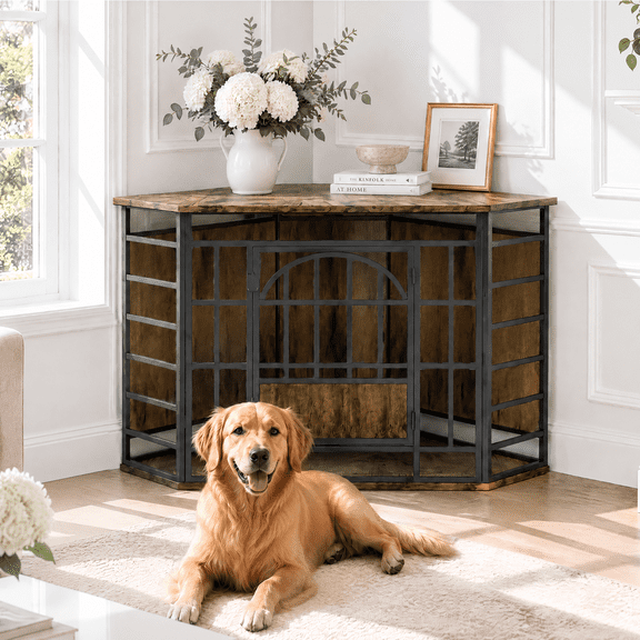 Scohul 52 inch Corner Dog Crate Furniture, Indoor Pet Kennel, TV Stand & Media Console for Medium to Large Dogs up to 80 lbs, Rustic Brown
