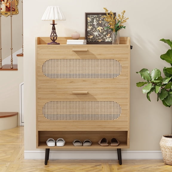 Scohul Rattan Shoe Cabinet, 2-Flip Drawer Storage, Narrow Entryway Rack, Boho Minimalist Decor with Anti-Tipping Design - Natural