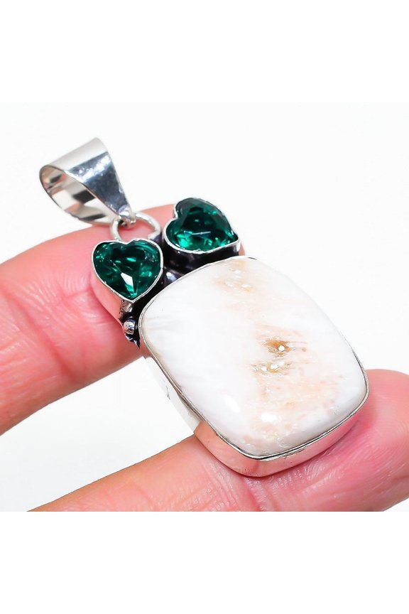 Natural Scolecite, Diopside Gemstone 925 Sterling Silver Pendant 2.01"