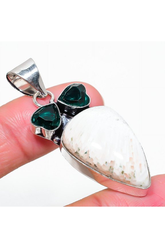 Scolecite, Diopside Gemstone Handmade 925 Sterling Silver Jewelry Pendant 2.17"