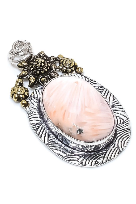 Scolecite Gemstone Handmade 925 Sterling Silver Jewelry Two Tone Pendant 2.36"