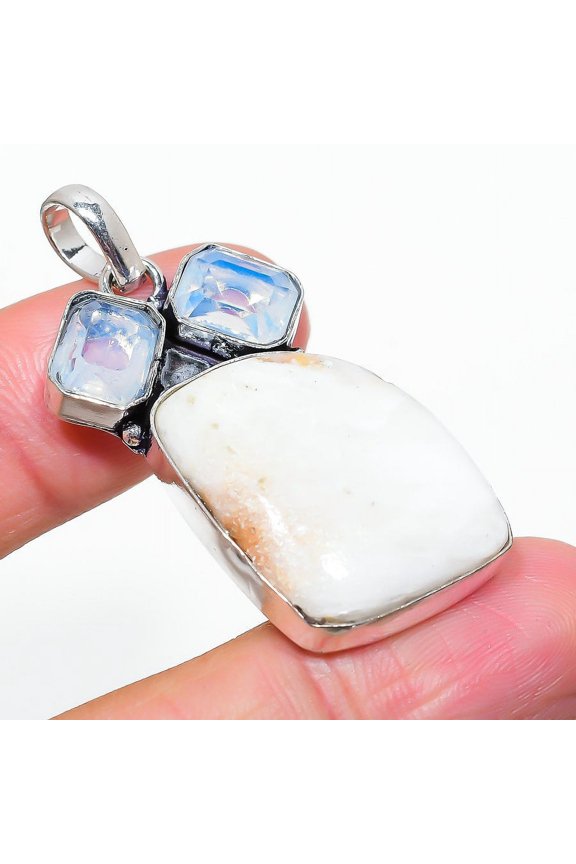 Scolecite, Opal Gemstone Handmade 925 Sterling Silver Jewelry Pendant 1.97"