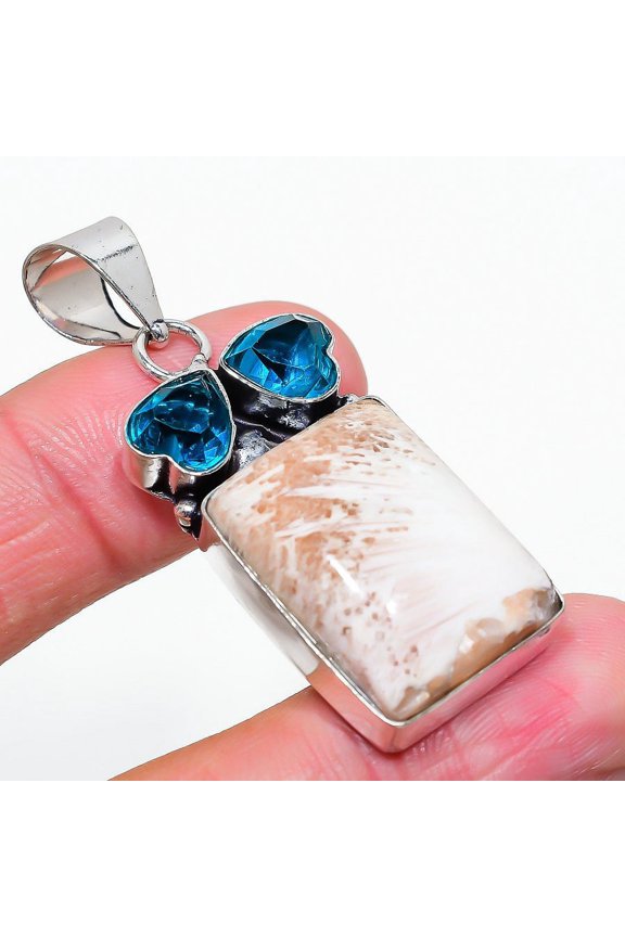 Scolecite, Topaz Gemstone Handmade 925 Sterling Silver Jewelry Pendant 2.05"
