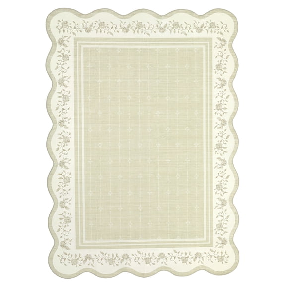 Scollaped Rugs for Living Room 5x7 Area Rugs for Bedroom Non-Slip Low Pile Neutral Kids Rug Soft Non-Shedding Bordered Nursery Carpet Foldable Thin Mat for Dining Room Kitchen Playroom Beige