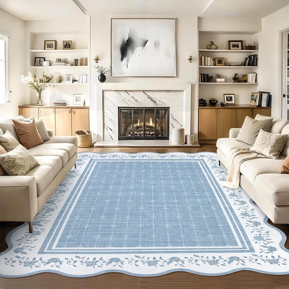 Scollaped Rugs for Living Room 5x7 Area Rugs for Bedroom Non-Slip Low Pile Neutral Kids Rug Soft Non-Shedding Bordered Nursery Carpet Foldable Thin Mat for Dining Room Kitchen Playroom Blue