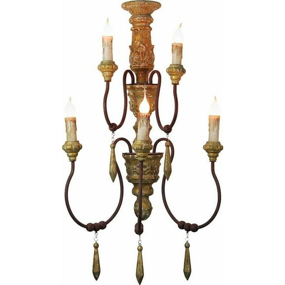 Sconce Light Wall 5-Arm Distressed Oxidized Metal Antique Gold Wood Rust