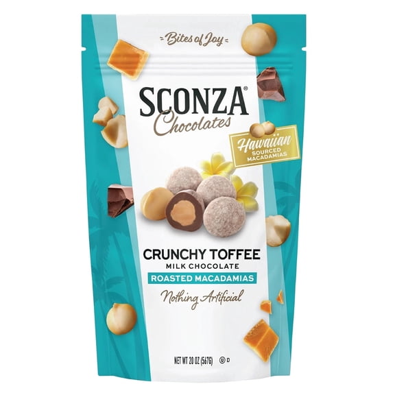 Sconza Chocolates Crunchy Toffee Milk Chocolate Roasted Macadamia Nuts, 20 oz