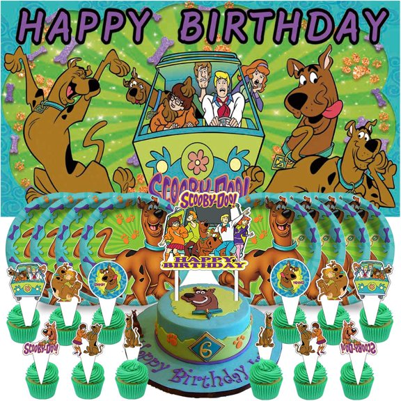 Scoo by doo Birthday Party Decor Set - 5x2.3ft Backdrop Banner Paper Plates Cake Toppers & Fan Decorations
