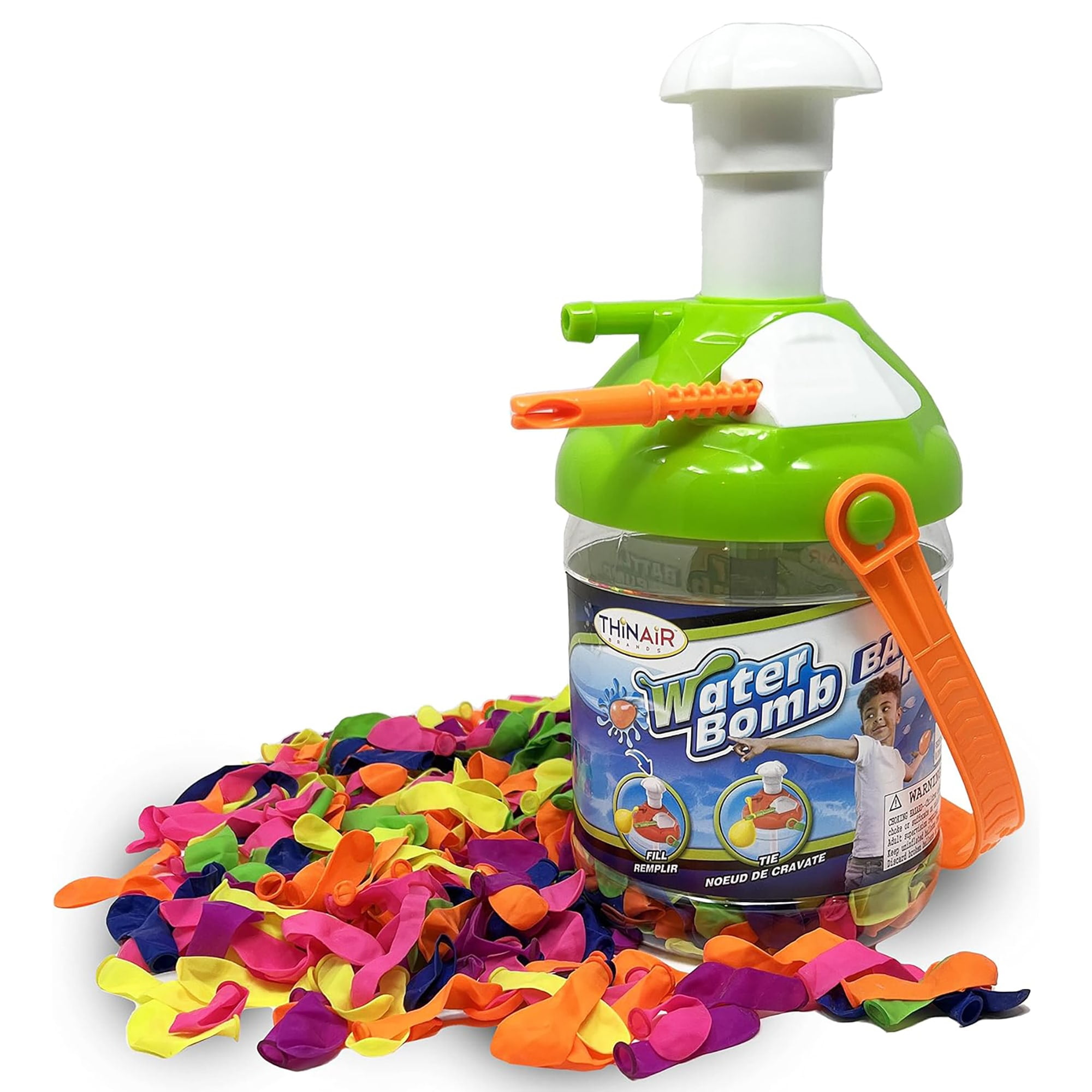 Scooba Duck: Water Bomb Battle Pump - 300 Balloons & Inflator, Tying Tool, Assorted Portable Container Lid Color - Yellow-Green-Orange-Blue, Kids 3+