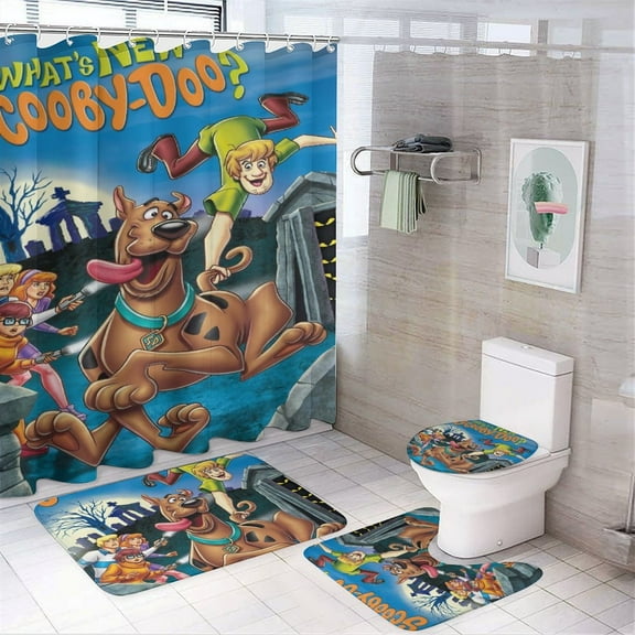 Scooby Doo 4 Piece Shower Curtain Set with Non-Slip Rugs, Toilet Lid Cover and Bath Mat, Cartoon Bathroom Decor Waterproof Shower Curtain with 12 Hooks, 72 x 72inch