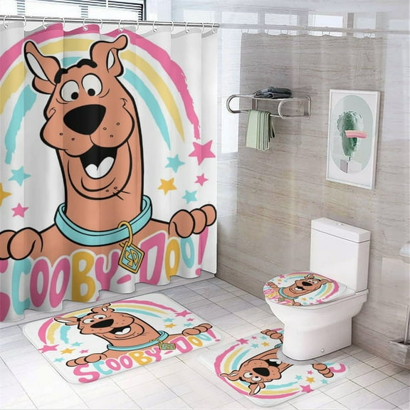 Scooby Doo 4 Piece Shower Curtain Set with Non-Slip Rugs, Toilet Lid Cover and Bath Mat, Cartoon Bathroom Decor Waterproof Shower Curtain with 12 Hooks, 72 x 72inch