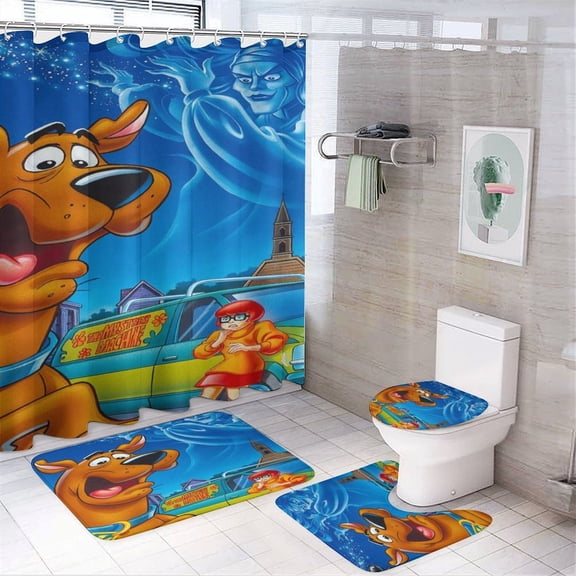 Scooby Doo 4 Piece Shower Curtain Set with Non-Slip Rugs, Toilet Lid Cover and Bath Mat, Cartoon Bathroom Decor Waterproof Shower Curtain with 12 Hooks, 72 x 72inch