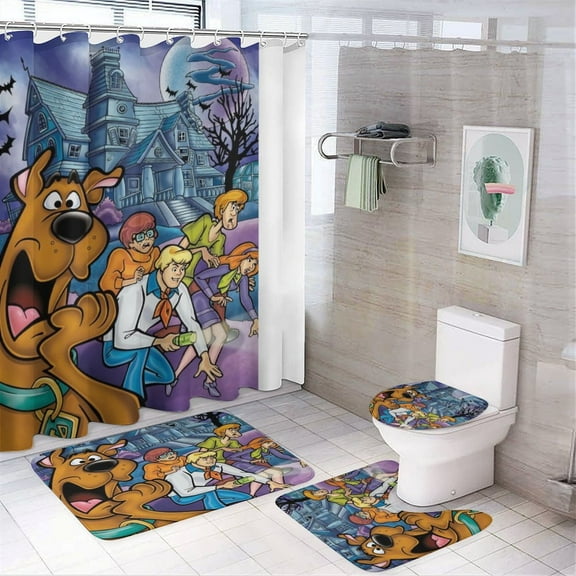 Scooby Doo 4 Piece Shower Curtain Set with Non-Slip Rugs, Toilet Lid Cover and Bath Mat, Cartoon Bathroom Decor Waterproof Shower Curtain with 12 Hooks, 72 x 72inch