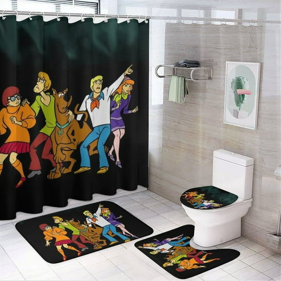 Scooby Doo 4 Piece Shower Curtain Set with Non-Slip Rugs, Toilet Lid Cover and Bath Mat, Cartoon Bathroom Decor Waterproof Shower Curtain with 12 Hooks, 72 x 72inch