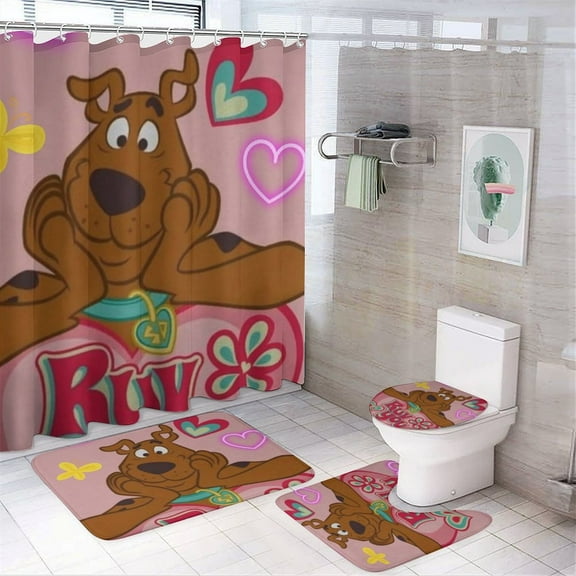 Scooby Doo 4 Piece Shower Curtain Set with Non-Slip Rugs, Toilet Lid Cover and Bath Mat, Cartoon Bathroom Decor Waterproof Shower Curtain with 12 Hooks, 72 x 72inch