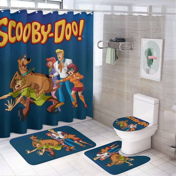 Scooby Doo 4 Piece Shower Curtain Set with Non-Slip Rugs, Toilet Lid Cover and Bath Mat, Cartoon Bathroom Decor Waterproof Shower Curtain with 12 Hooks, 72 x 72inch