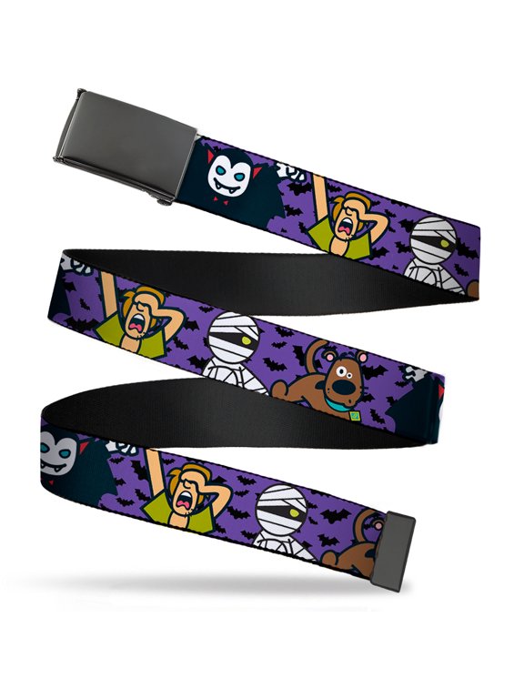 Adjustable Belt, Clamp Buckle, Cut-to-Fit, Mini Scooby Doo Halloween Bats Purple Black