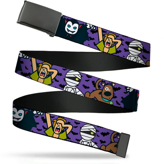 Adjustable Belt, Clamp Buckle, Cut-to-Fit, Mini Scooby Doo Halloween Bats Purple Black