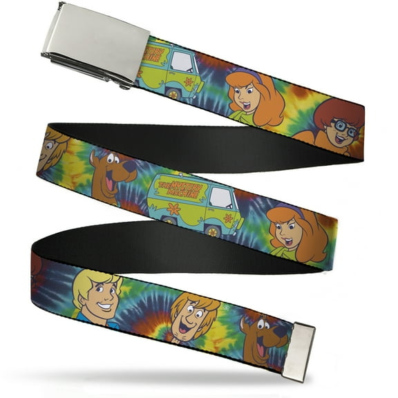 Adjustable Belt, Clamp Buckle, Cut-to-Fit, Scooby Doo 5 Character Faces Tie Dye Multi Color White
