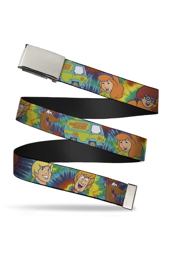 Adjustable Belt, Clamp Buckle, Cut-to-Fit, Scooby Doo 5 Character Faces Tie Dye Multi Color White