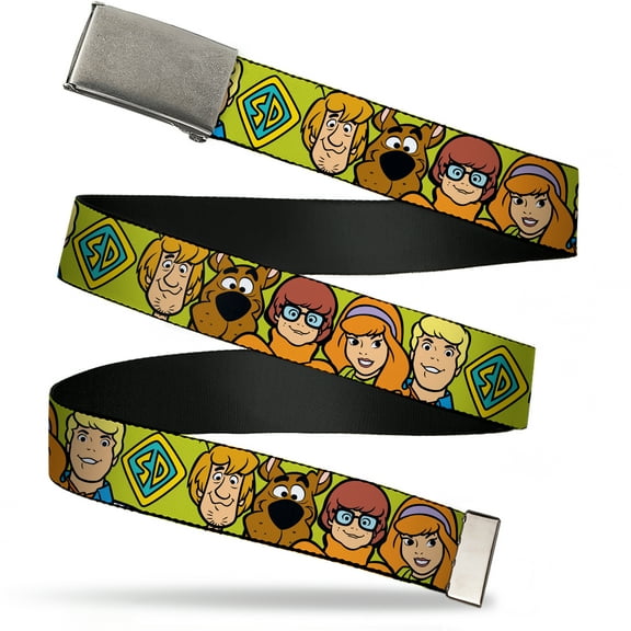 Adjustable Belt, Clamp Buckle, Cut-to-Fit, Scooby Doo Character Faces Close Up Green