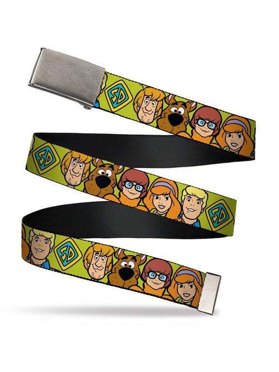 Adjustable Belt, Clamp Buckle, Cut-to-Fit, Scooby Doo Character Faces Close Up Green