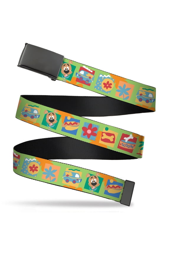 Adjustable Belt, Clamp Buckle, Cut-to-Fit, Scooby Doo Chibi Icon Blocks Multi Color