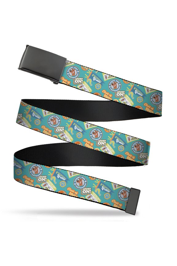 Adjustable Belt, Clamp Buckle, Cut-to-Fit, Scooby Doo School Spirit Icons Collage Blue