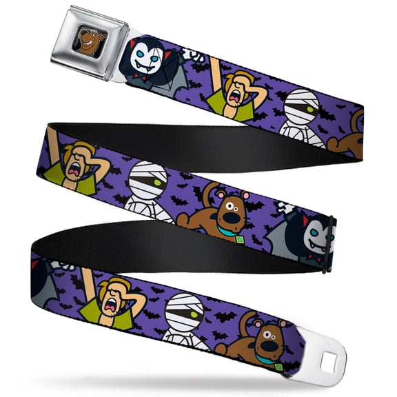 Scooby Doo Belt, Seatbelt Buckle Belt, Mini Scooby Doo Halloween Bats Purple Black, 30 to 44 Inches