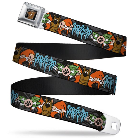 Scooby Doo Belt, Seatbelt Buckle Belt, Scooby Doo Face Paw Crossbones Gray Black Orange Blue, 34 to 52 Inches