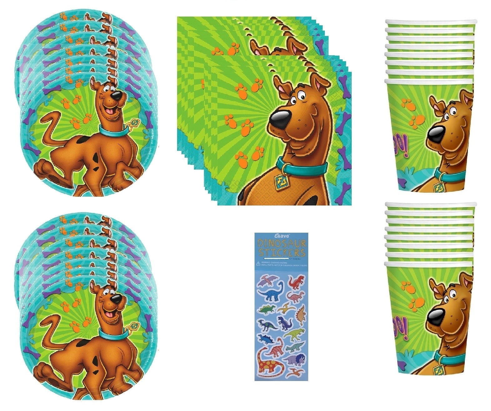 Scooby Doo Birthday Party Supplies Bundle includes 16 Dessert Cake Paper Plates 7", 16 Beverage Cake Paper Napkins, 16 Paper Cups, 1 Dinosaur Sticker Sheet