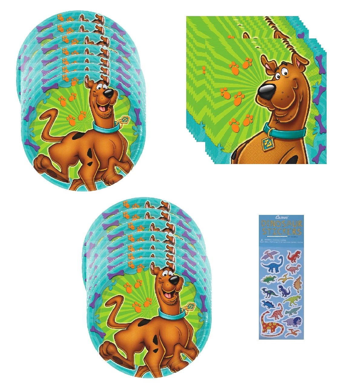 Scooby Doo Birthday Party Supplies Bundle includes 16 Dessert Cake Paper Plates 7", 16 Beverage Cake Paper Napkins, 1 Dinosaur Sticker Sheet