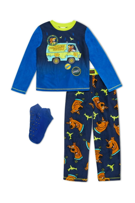 Scooby Doo Boys Long Sleeve Long Pant 3-Piece Pajama Set with Sock, Sizes 4-12