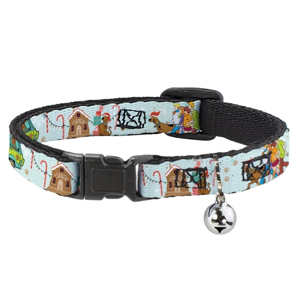Scooby Doo Breakaway Cat Collar With Bell, Plastic Clip, Easy Adjustable, Scooby Doo Holiday Scenes and Icons Baby Blue, 8.5 to 12 Inches 0.5 Inch Wide