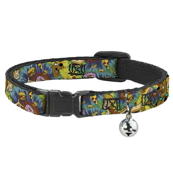 Scooby Doo Breakaway Cat Collar With Bell, Plastic Clip, Easy Adjustable, Scooby Doo and Shaggy Poses Munchies Tie Dye Multi Color, 8.5 to 12 Inches 0.5 Inch Wide